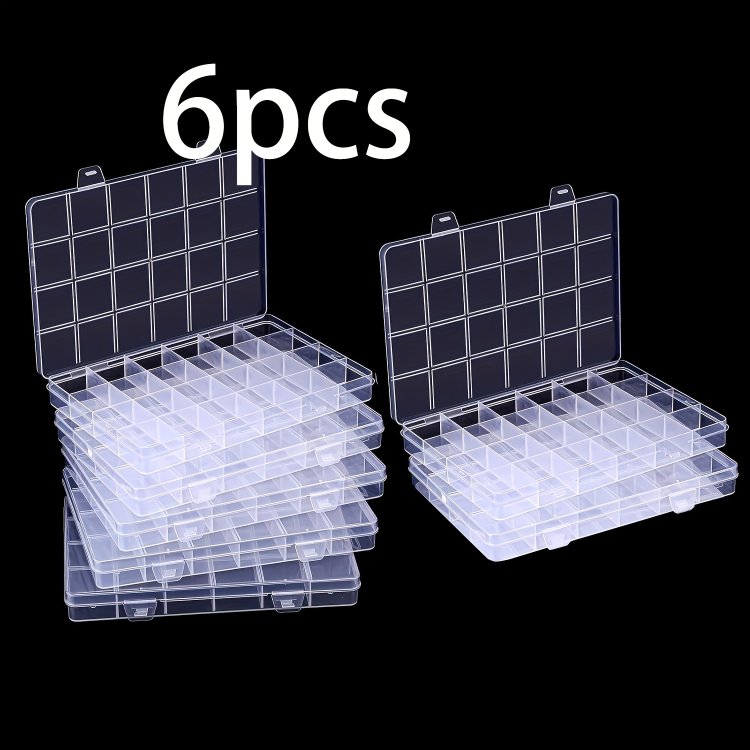 TEMU 6pcs Set Of 24-compartment Clear Plastic Storage Boxes With Secure Lids - Multi-functional Organizer For Jewelry, Beads, Craft Supplies, And