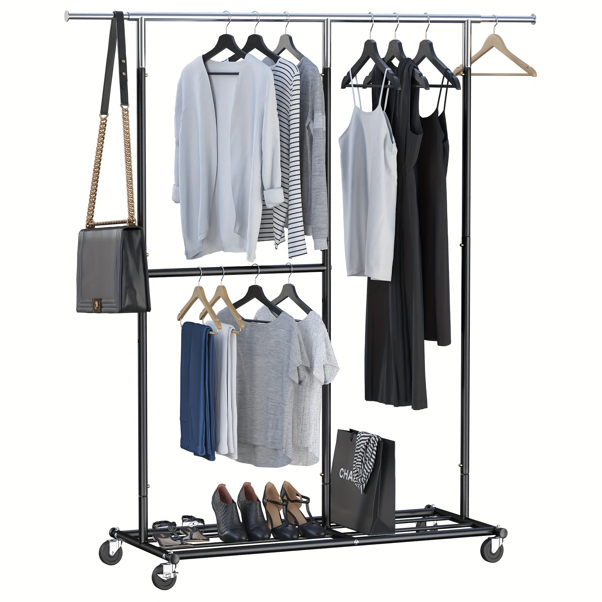 

Clothes Rack Heavy Duty Clothing Rack L410 Lbs Rolling Clothes Rack With Racks For Hanging Clothes Adjustable & Portable Commercial Grament Rack Heavy Duty, Black