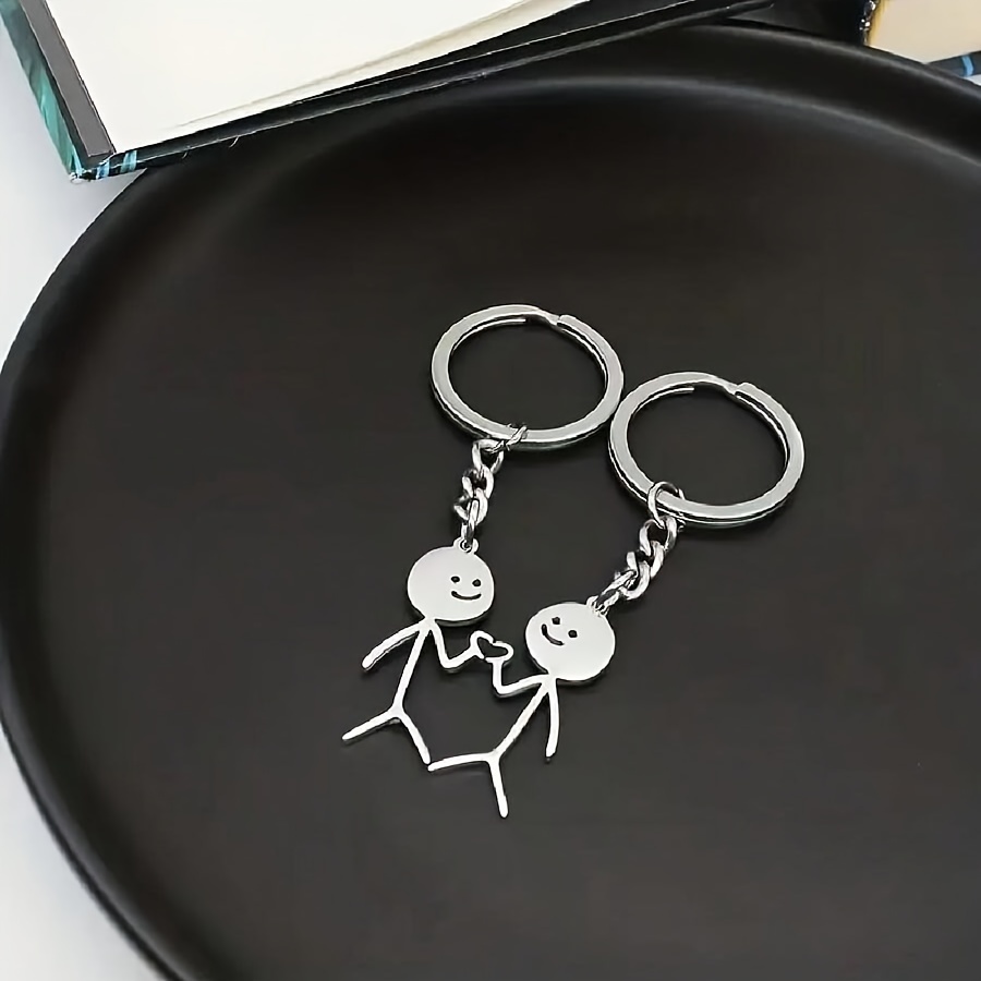 2pcs Cute Stickman Couple Keychain - Stainless Steel Minimalist Charm With Interlocking Hearts, & Matching Gift For Valentine's Day, Backpack & Bag Accessories For Him/her, , Family (durable)