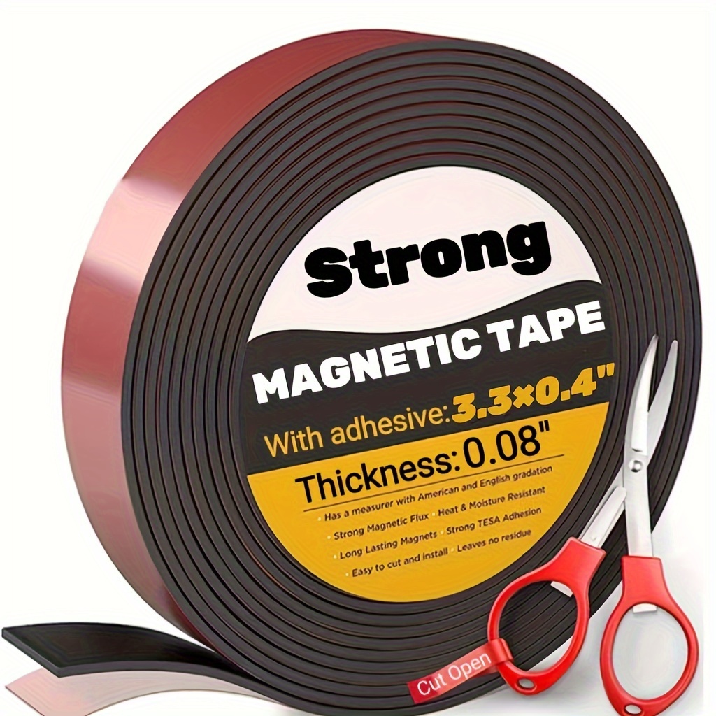 

Strong Adhesive Magnetic Tape Roll - 3.3ft Length, 2/5 Inch Width, Layered Rubber Magnet Strip For Crafts, Whiteboards, And Fridge Organization, Includes Scissors, Heat And Moisture Resistant