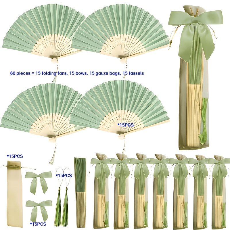 TEMU Set di Ventagli Personalizzati da 40/60 in Tessuto Verde per Bomboniere Nuziali, Pieghevole da Donna con Verde, Nappa e Sacchetto Regalo, Regalo