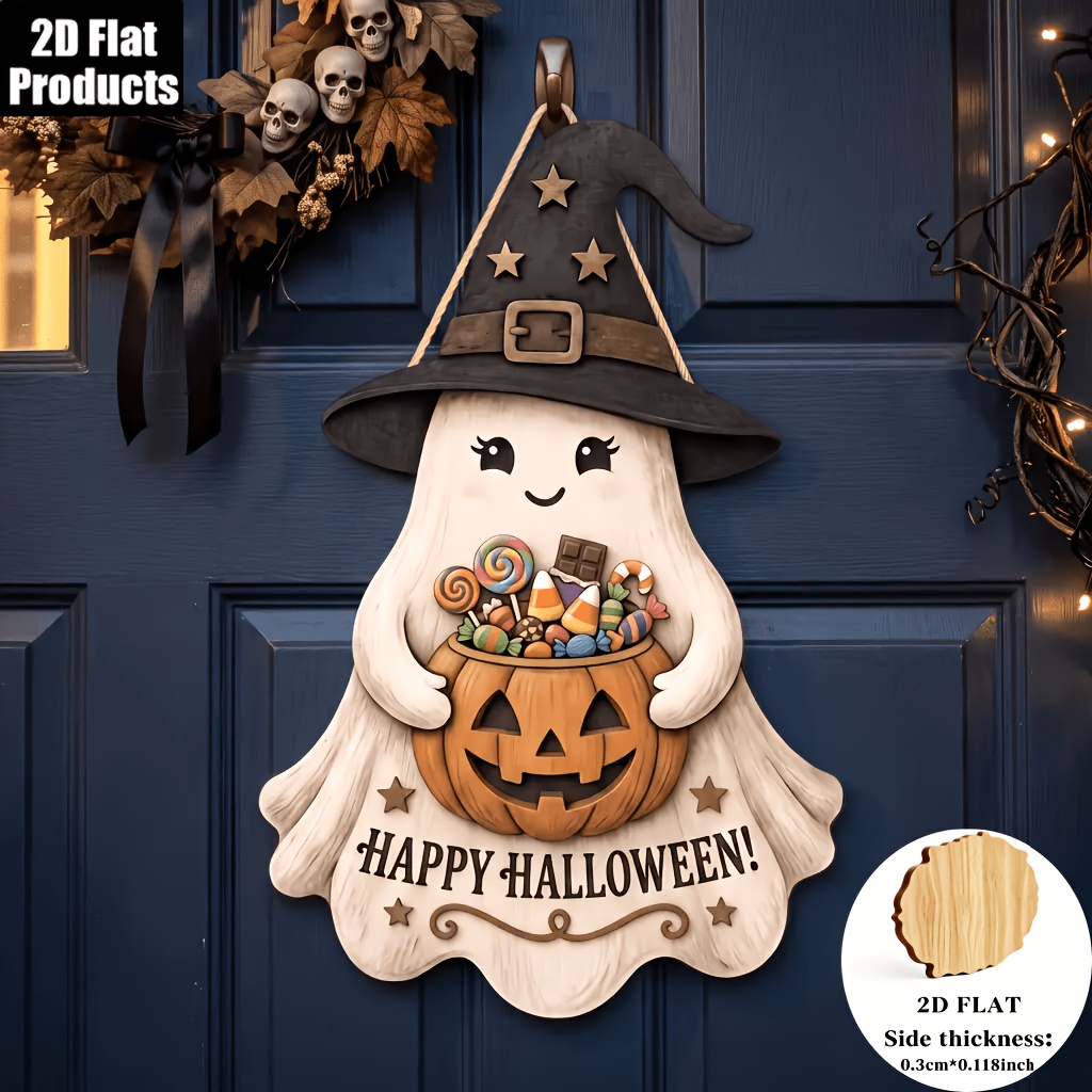 TEMU 2d Flat, 1pc Halloween Wooden Cute Welcome Door Sign, Witch Hat Handheld Candy Basket, Door Hanging Sign, Wall Decoration Plaque, Witch Hat,
