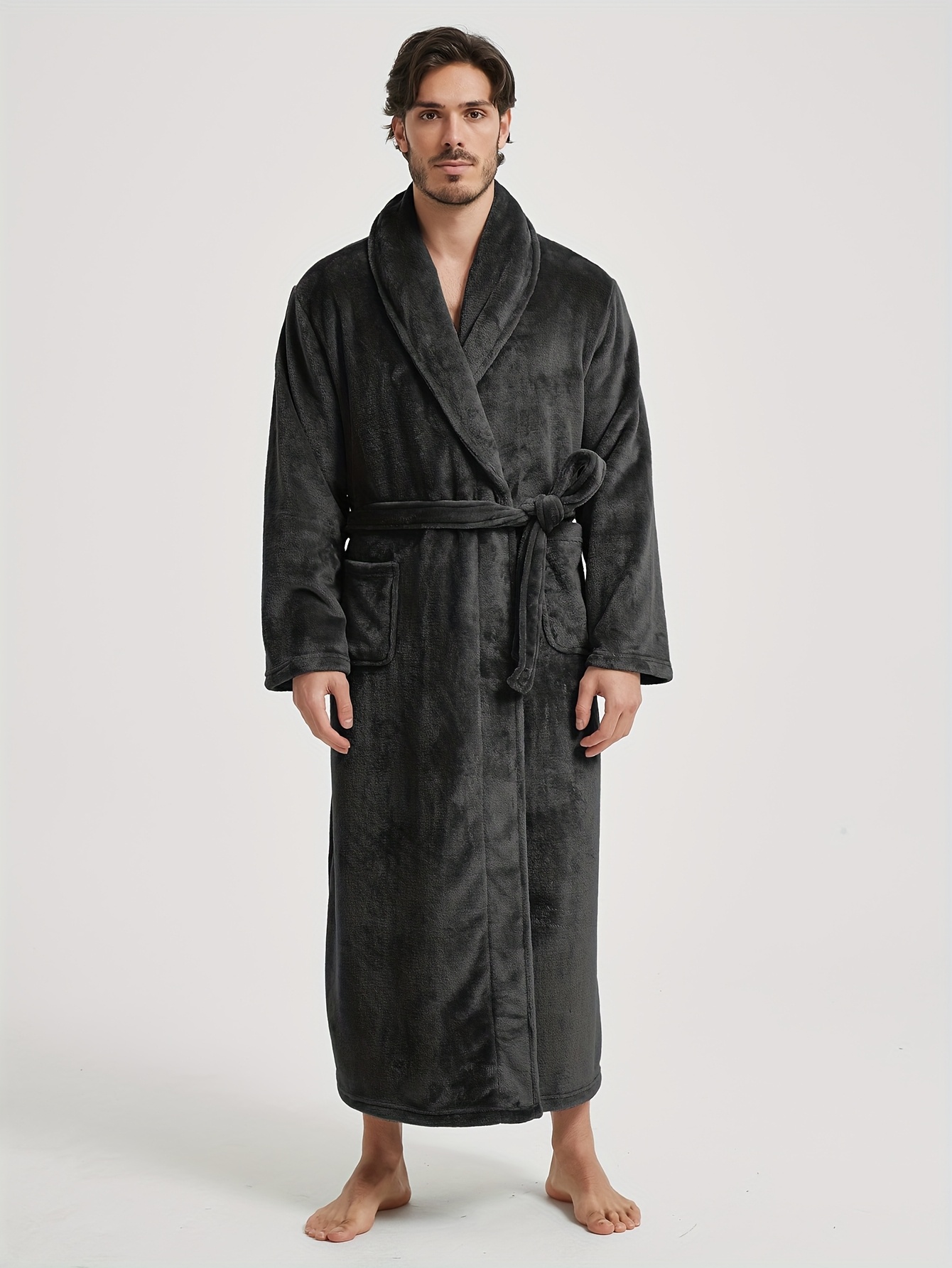 Men S Plush Fleece Robe - Cozy V-Neck Bath Gown with Adjustable Belt & Large Pockets, Machine Washable, Thick Warm Flannel for Fall/Winter, Home Relaxation, Bathrobe, Autumn Winter Wear, Soft Texture