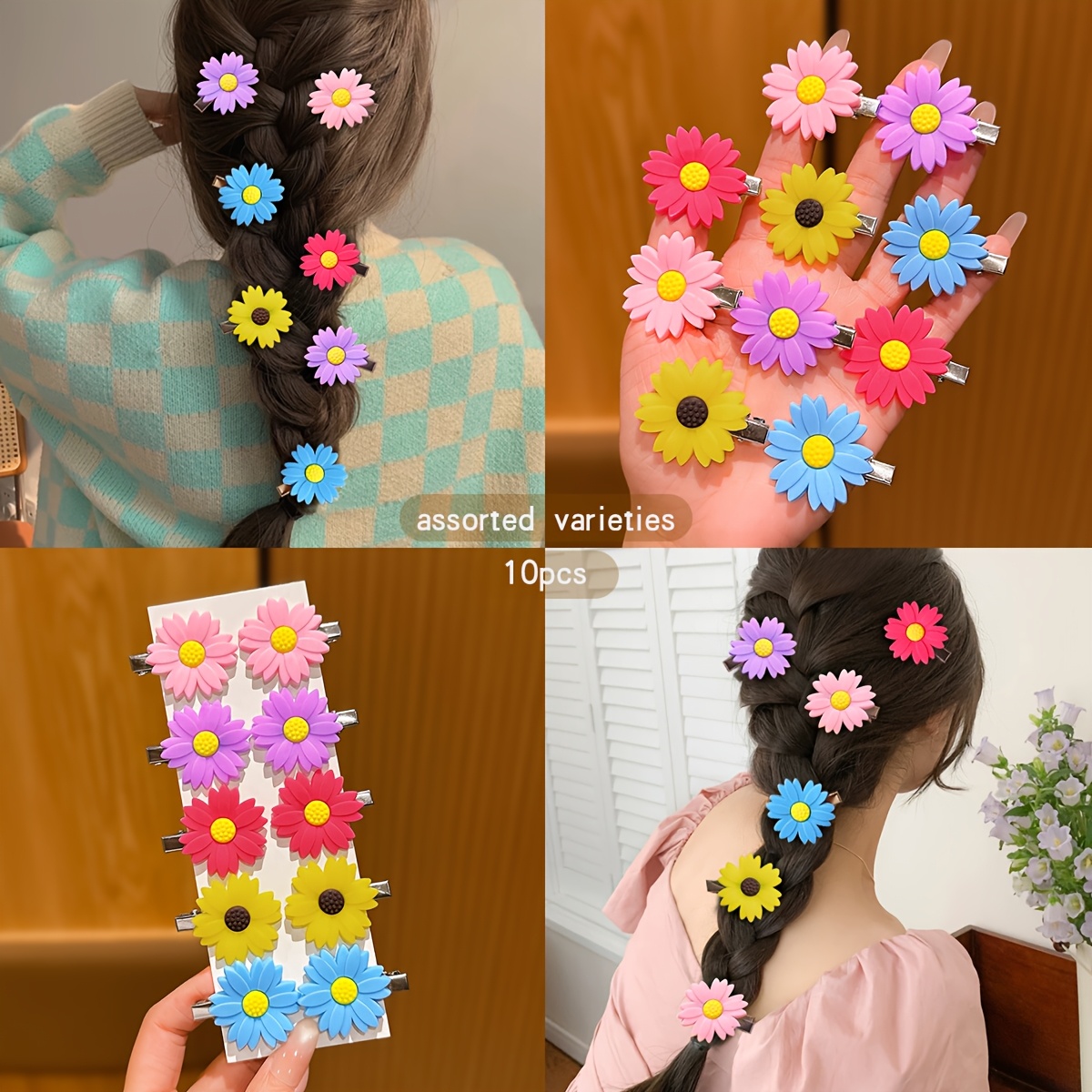 10pcs Set Of Assorted Colorful Daisy Hair Clips, Suitable For Daily Use As Hair Accessories