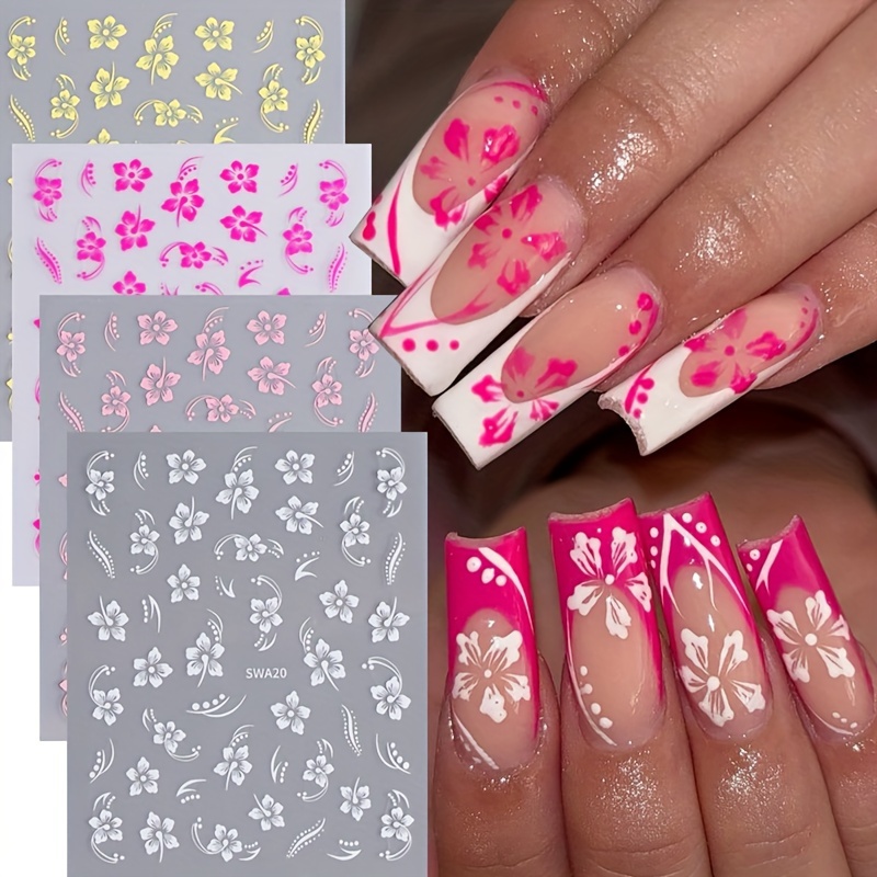 

2-pack 3d Hawaiian Flower Nail Art Stickers - Summer Pink & White Floral Decals, Tropical Leaves & Hibiscus Designs, Self-adhesive Nail Decor For Women And Girls