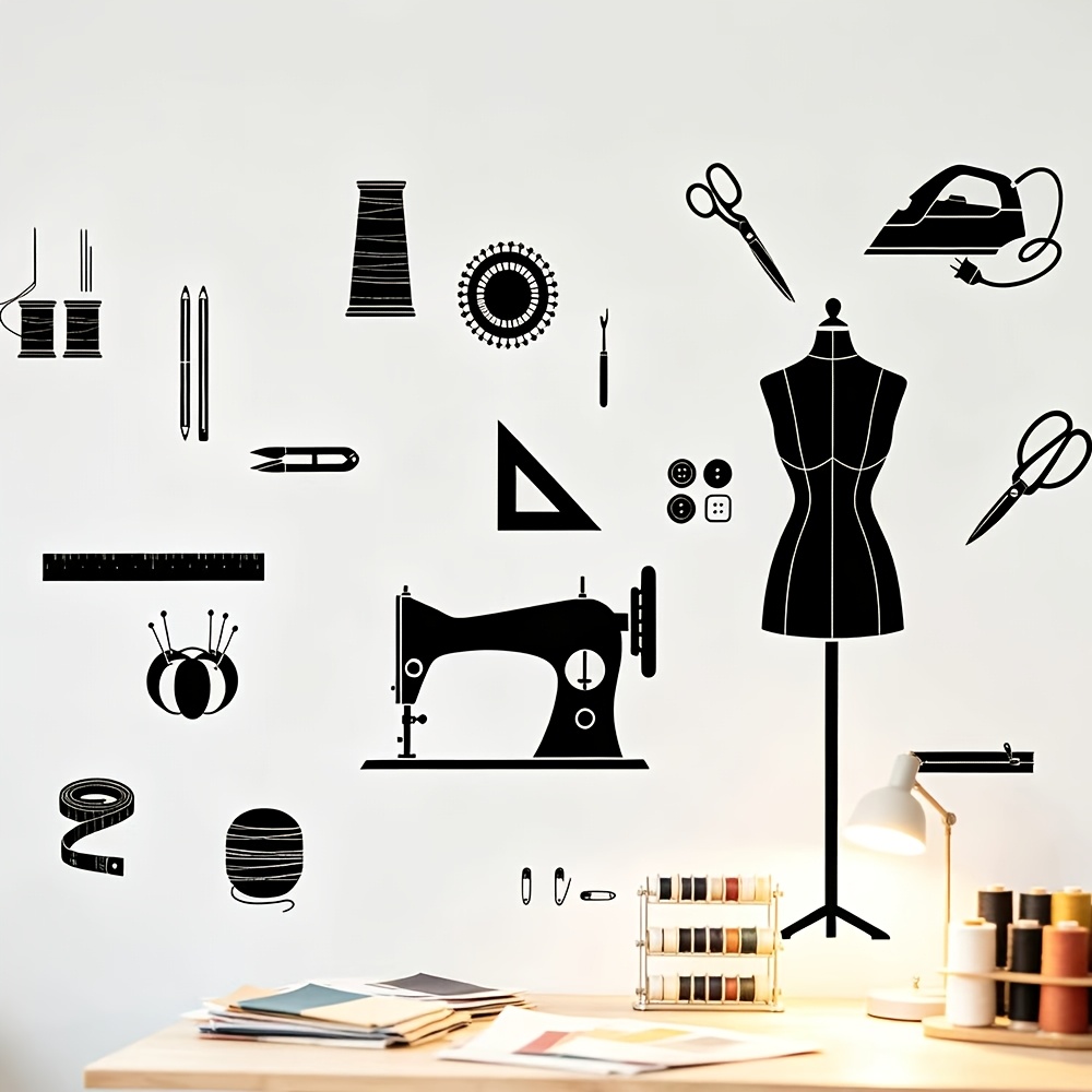 TEMU Autocollant mural pour machine à coudre "Boutique de vêtements nostalgique noire" pour chambre à coucher, salon