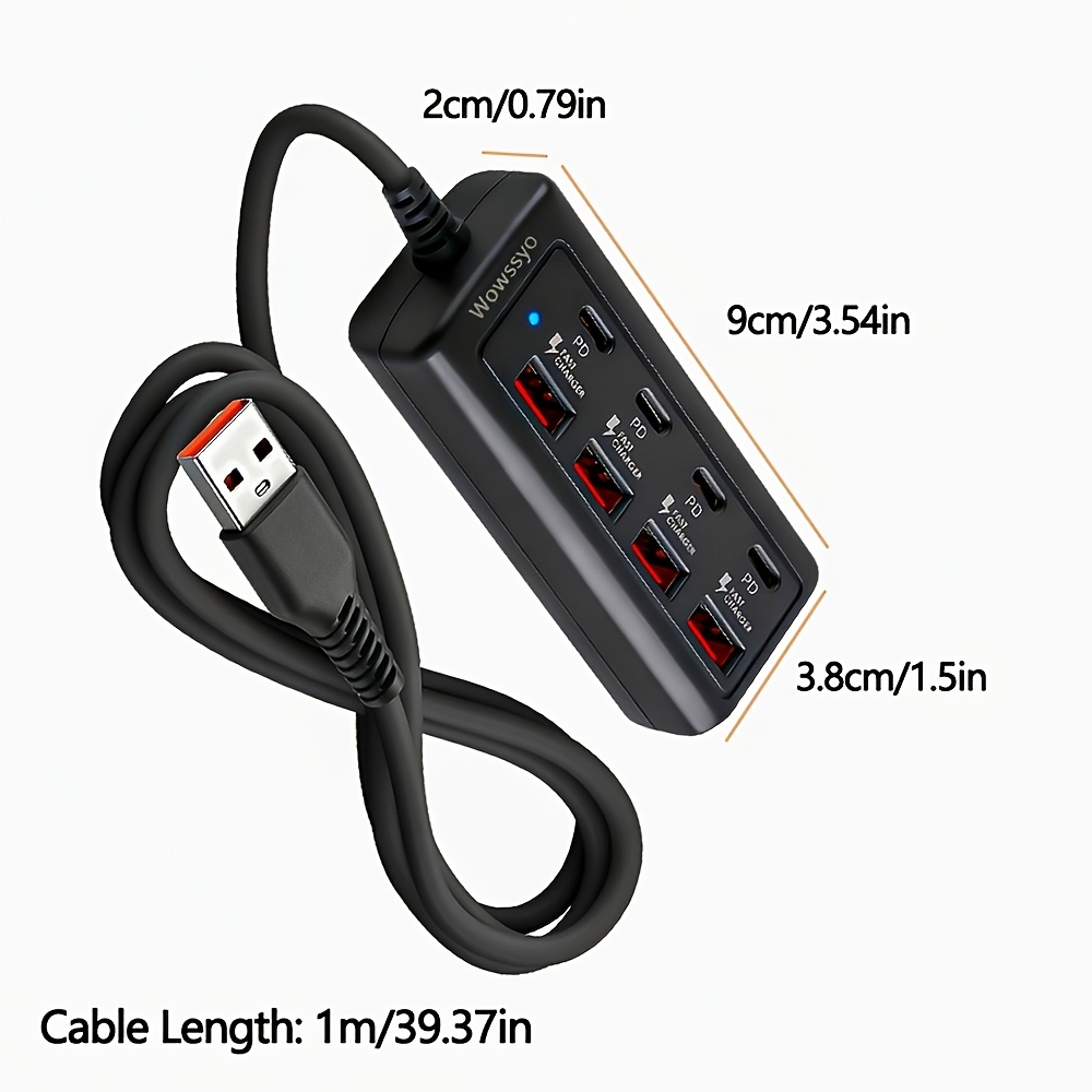 E-shop Wowssyo 25W schwarzes Netzteil, 4 USB-Anschlüsse + 4 Typ-C PD-Schnellladeanschlüsse Netzteil-,