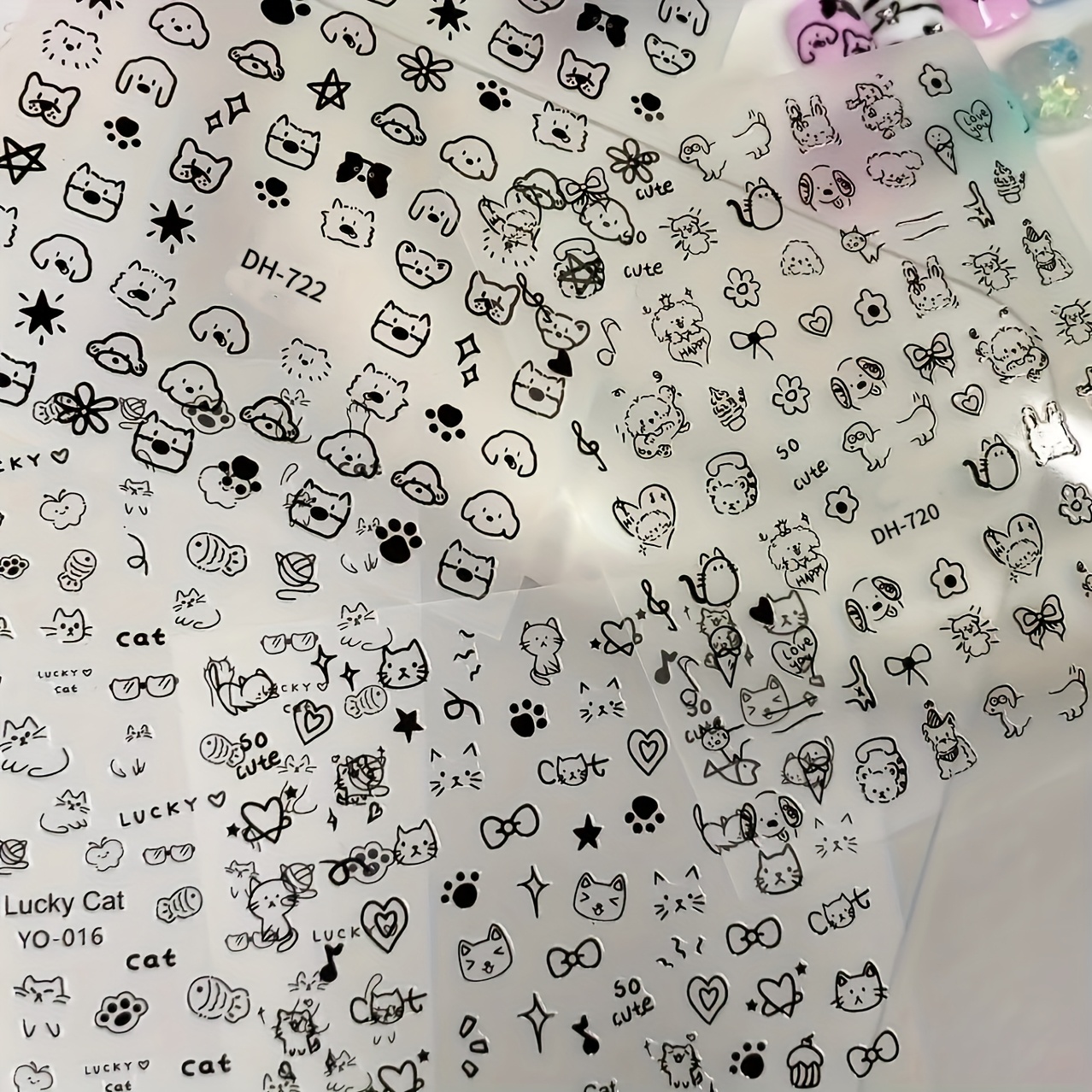 Image of 4pcs Cute Cat And Dog Hand-painted Nail Stickers, Whimsical Kitten Paw Patterns, English Doodle Decals For Nail Art