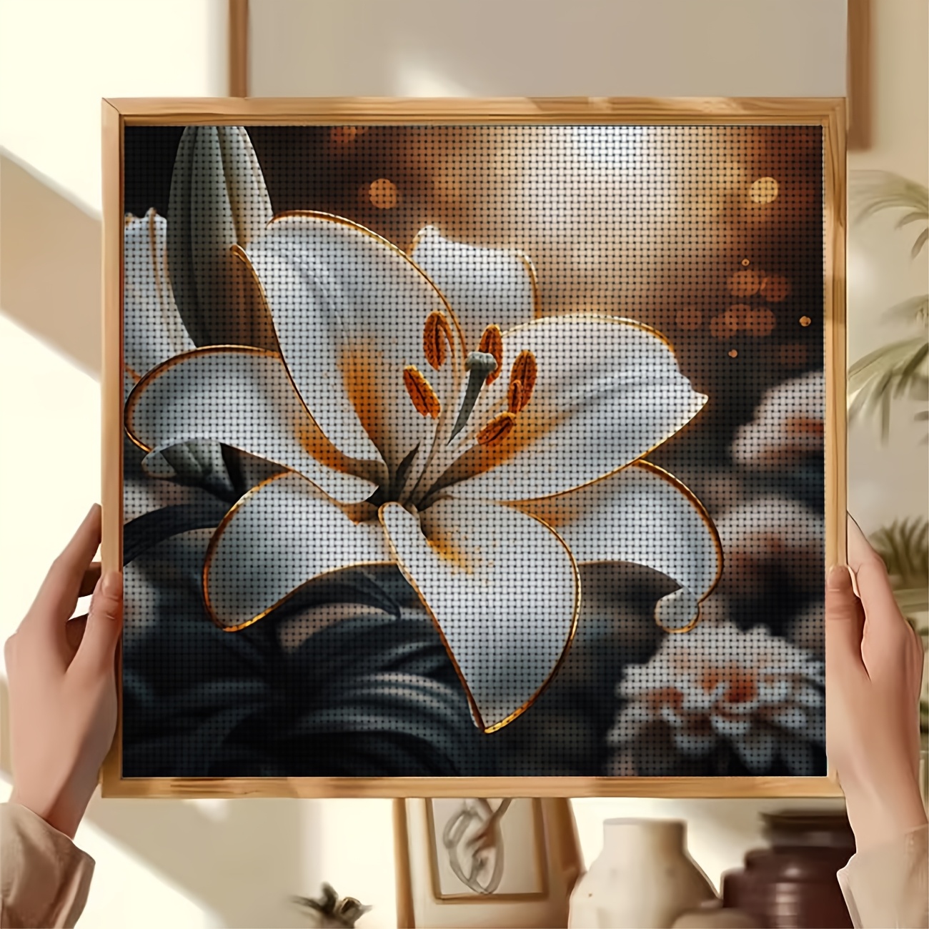 Cross Stitch Printed Kit, Frameless, White Lily Flower with Golden Stamen Design