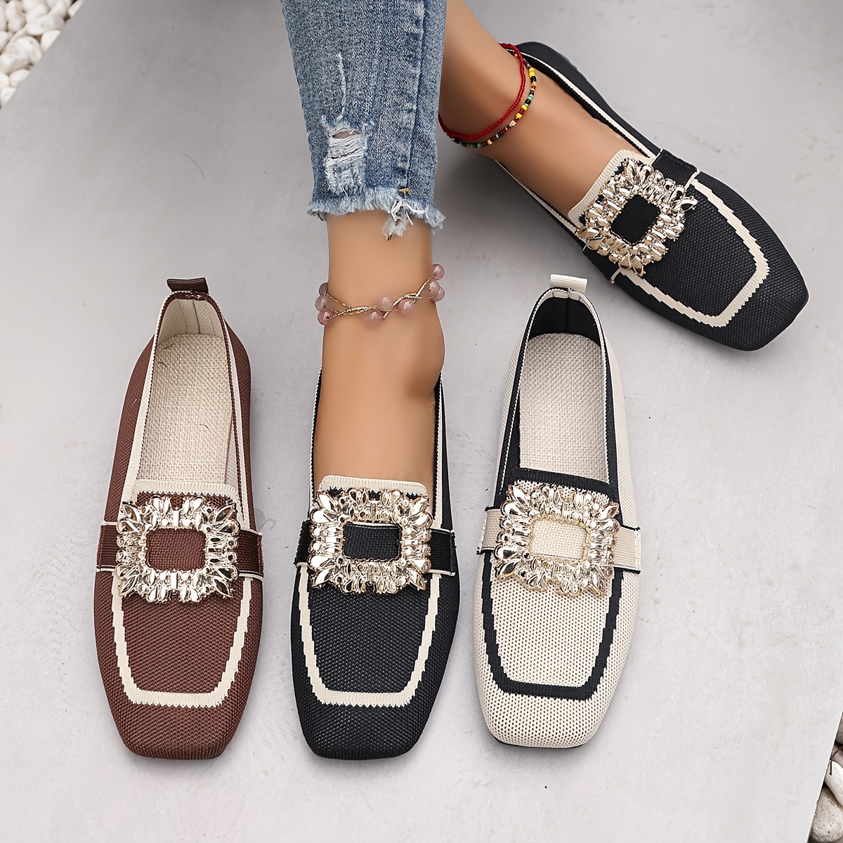 

Women's Embellished Square Toe Flats, Lightweight Slip-on Casual Shoes With Fabric Upper & Insole, - Footwear