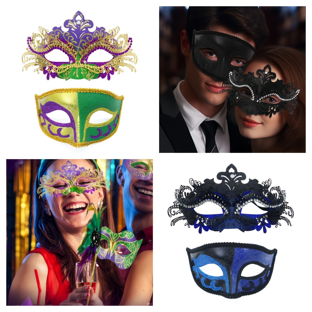 6-Pack Men's Venetian Masquerade Ball Eye Masks - Mardi Gras, Costume Party, Halloween - Adjustable, Multi-Color