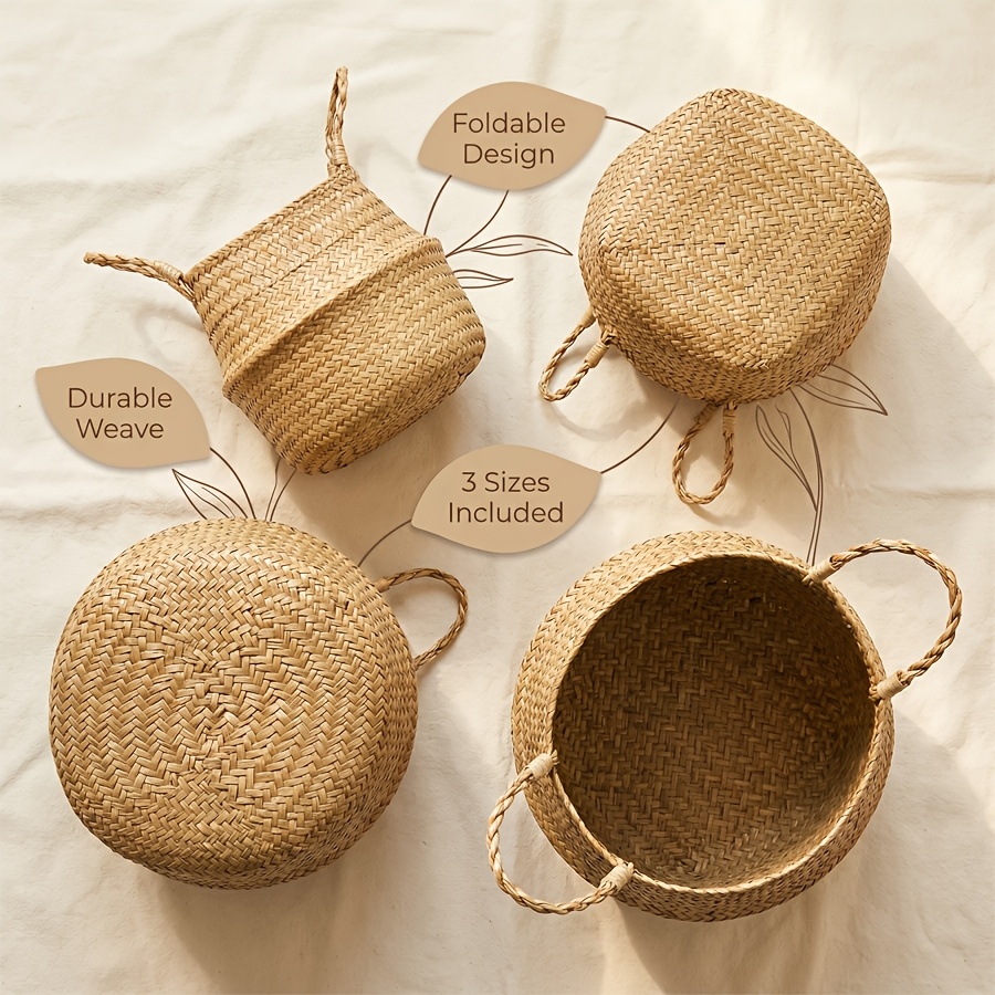 3 cestas de almacenamiento de hierba marina | Soportes vintage tejidos para macetas con asas para picnic, supermercado, lavandería, cestas para estantes