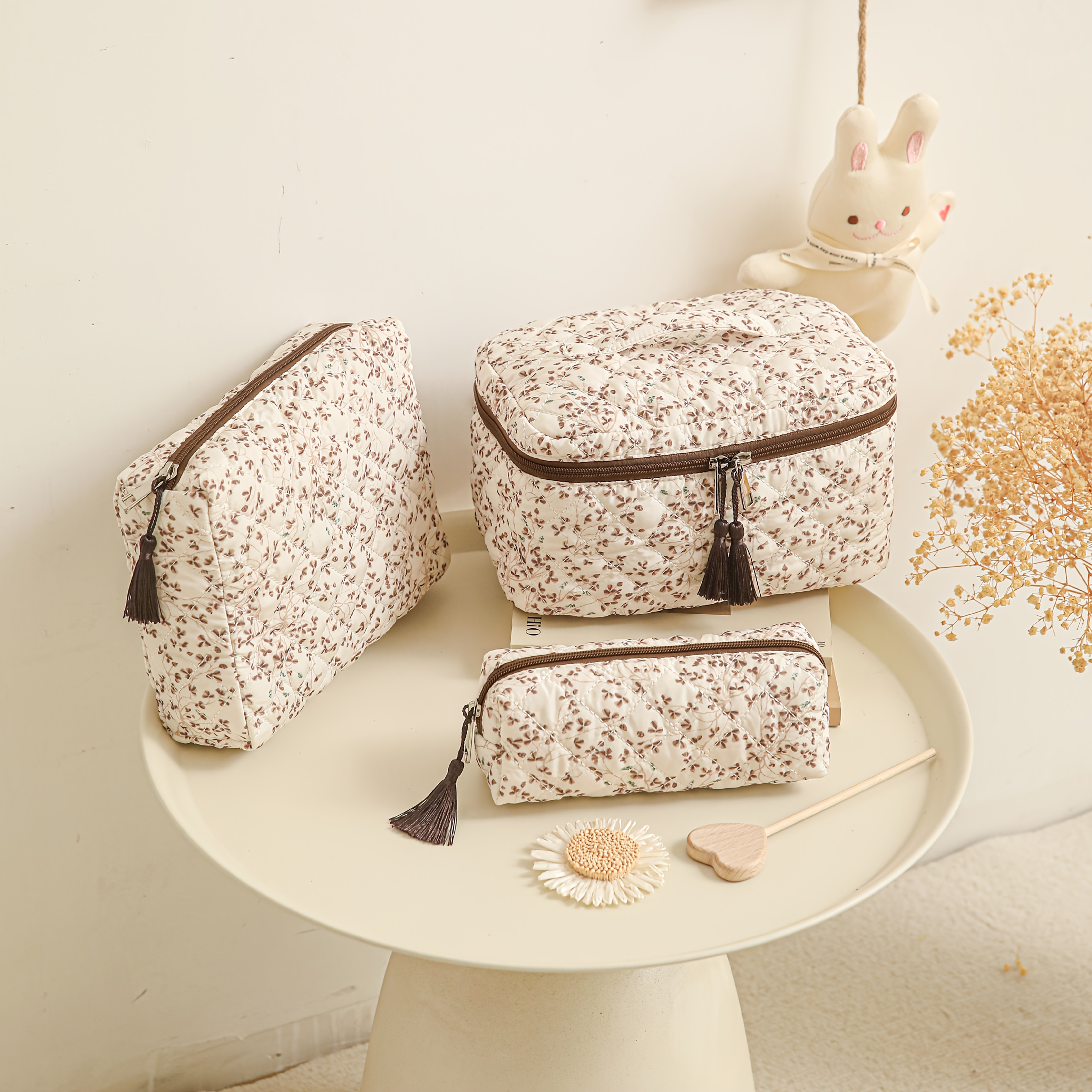 TEMU Bolsa con cremallera de tela con estampado floral, Neceser/Estuche de , Bolsa de almacenamiento multifuncional, Adecuada para uso doméstico y de