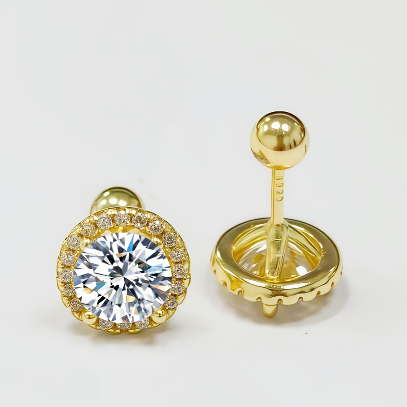 A Pair Of 14k Gold-plated 925 Silver Earrings Featuring 0.3 Carat*2/0.5 Carat*2/1 Carat*2 Four-prong Round Moissanite Studs, Designed For Men And Women As A Couple's Accessory. The Unique, , Elegant