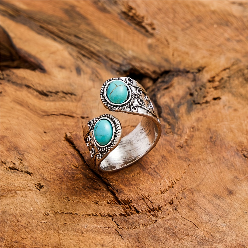 TEMU Bohemian Daily Wear Fashion Jewelry With Adjustable Opening, Featuring Creative Turquoise Inlay And Vintage Floral Pattern Carving On A Ring.