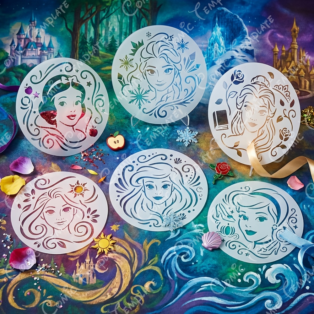 Image of 6pcs Princess Stencils Suitable For Diy Crafts - Reusable Round Templates With , , Cinderella, , & Snow White For Parties, Scrapbooking, Wall Decals For Fabric, Canvas, Tile Decor - Official