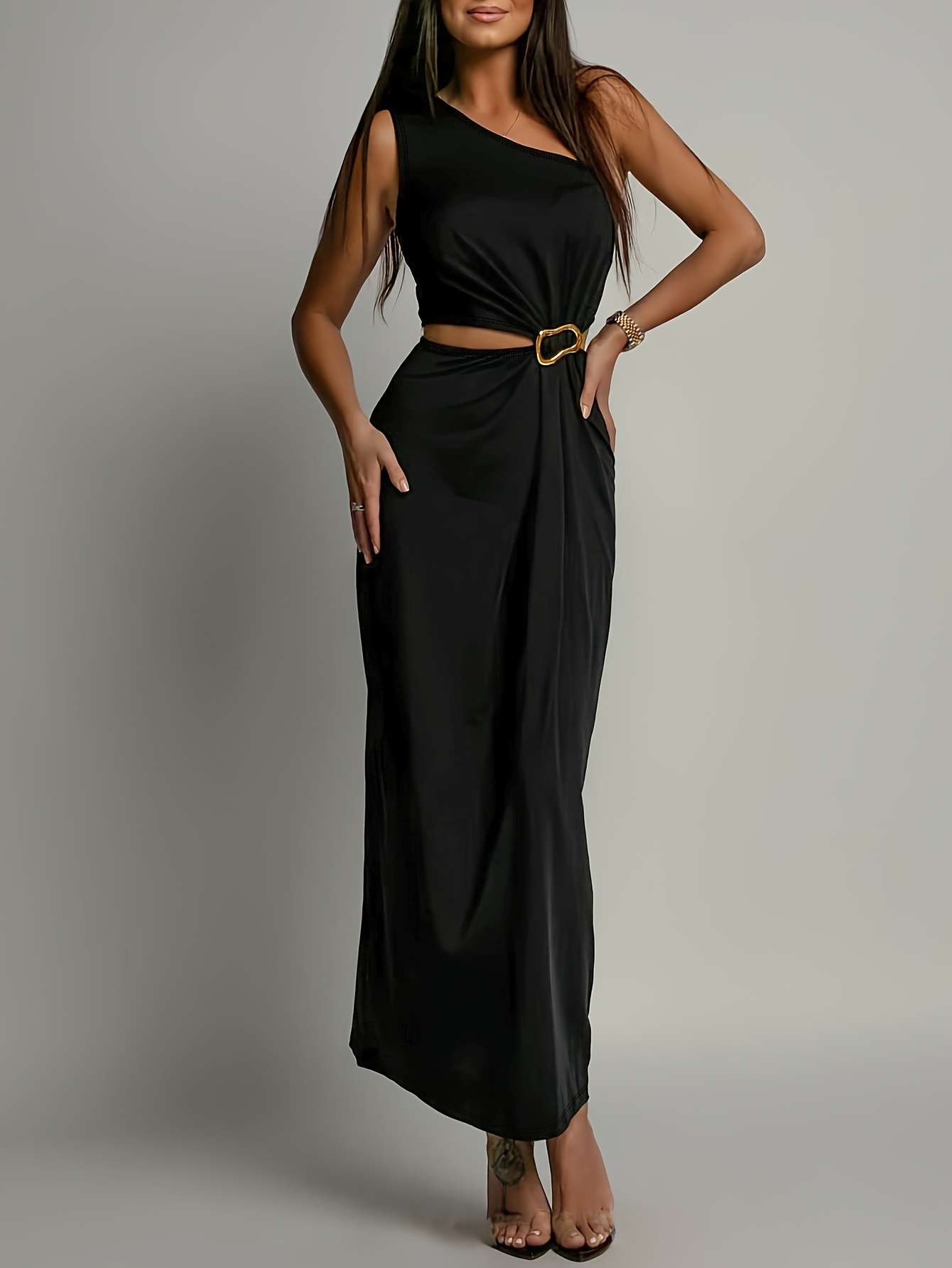 long black dress with split sold on Temu United States