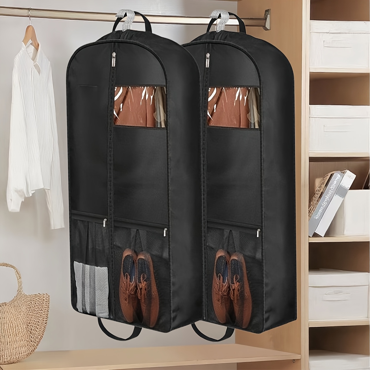 TEMU 1pc/2pcs Set Black Garment Storage And Protective Bags – Clothing Bags With Heavy-duty Shoe Storage Function, Travel Bags/suit Protective