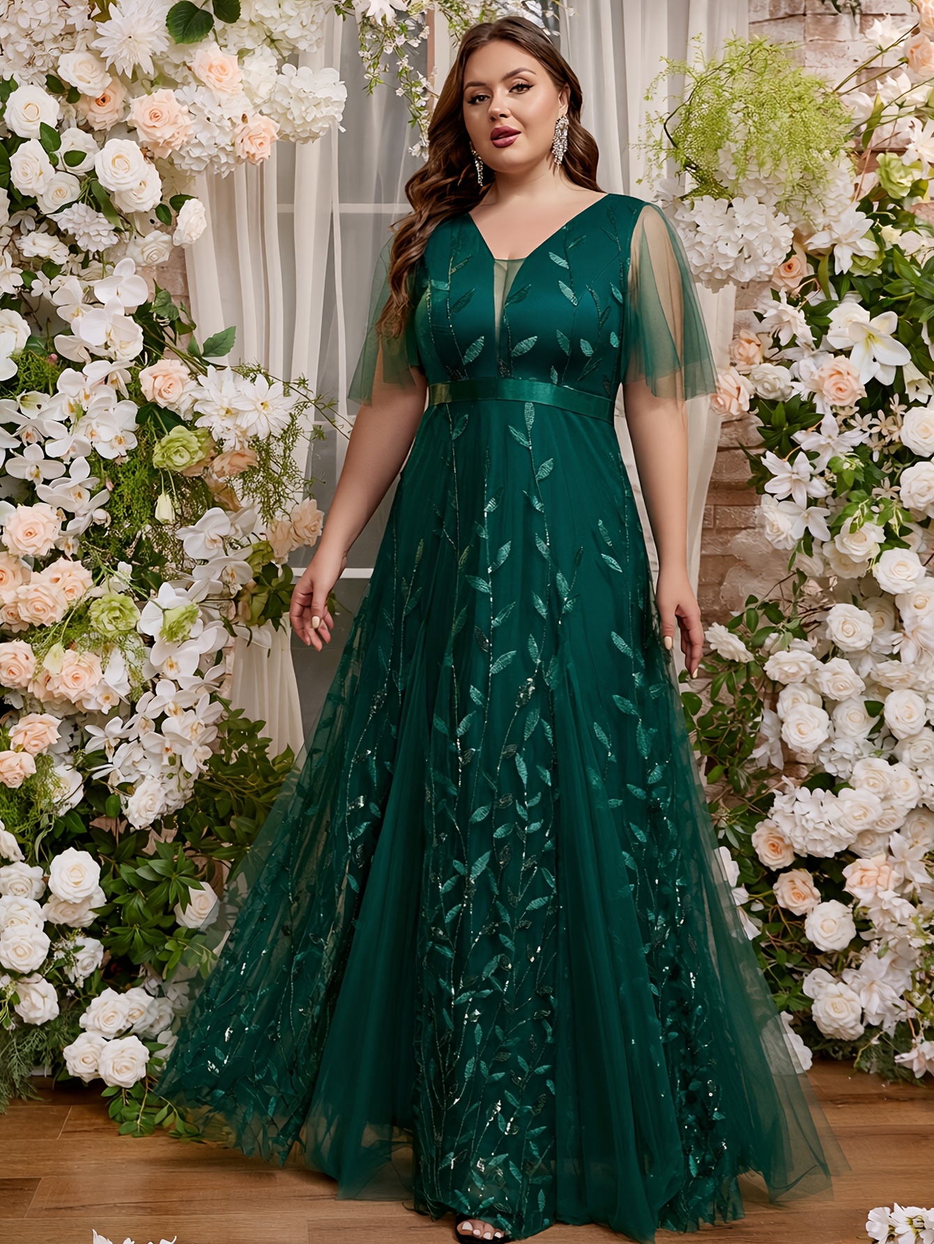floral plus size bridesmaid dresses plus size plus size womens v neck leaf Size:46 Short