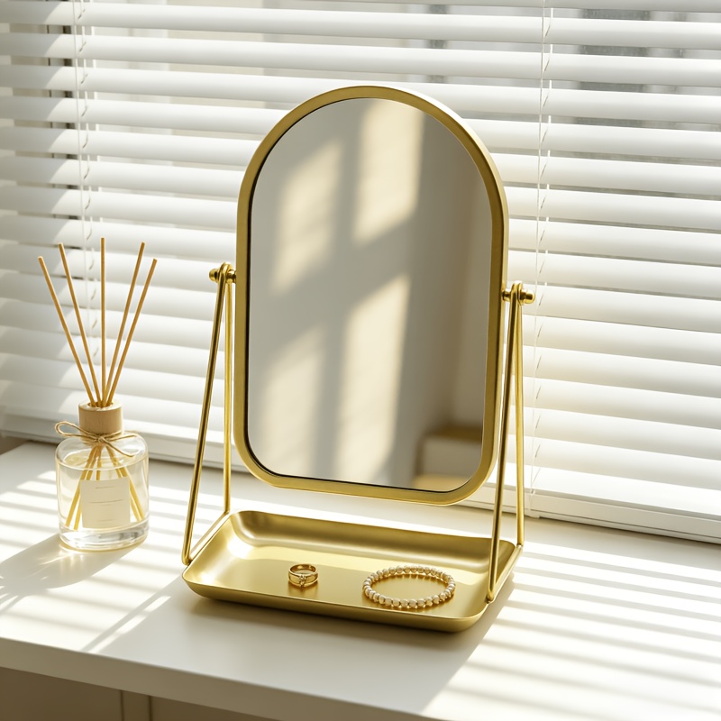 TEMU Specchio da trucco 1 pz in ferro battuto, superficie a specchio semi-ovale girevole con vassoio a base quadrata per riporre piccoli oggetti, per