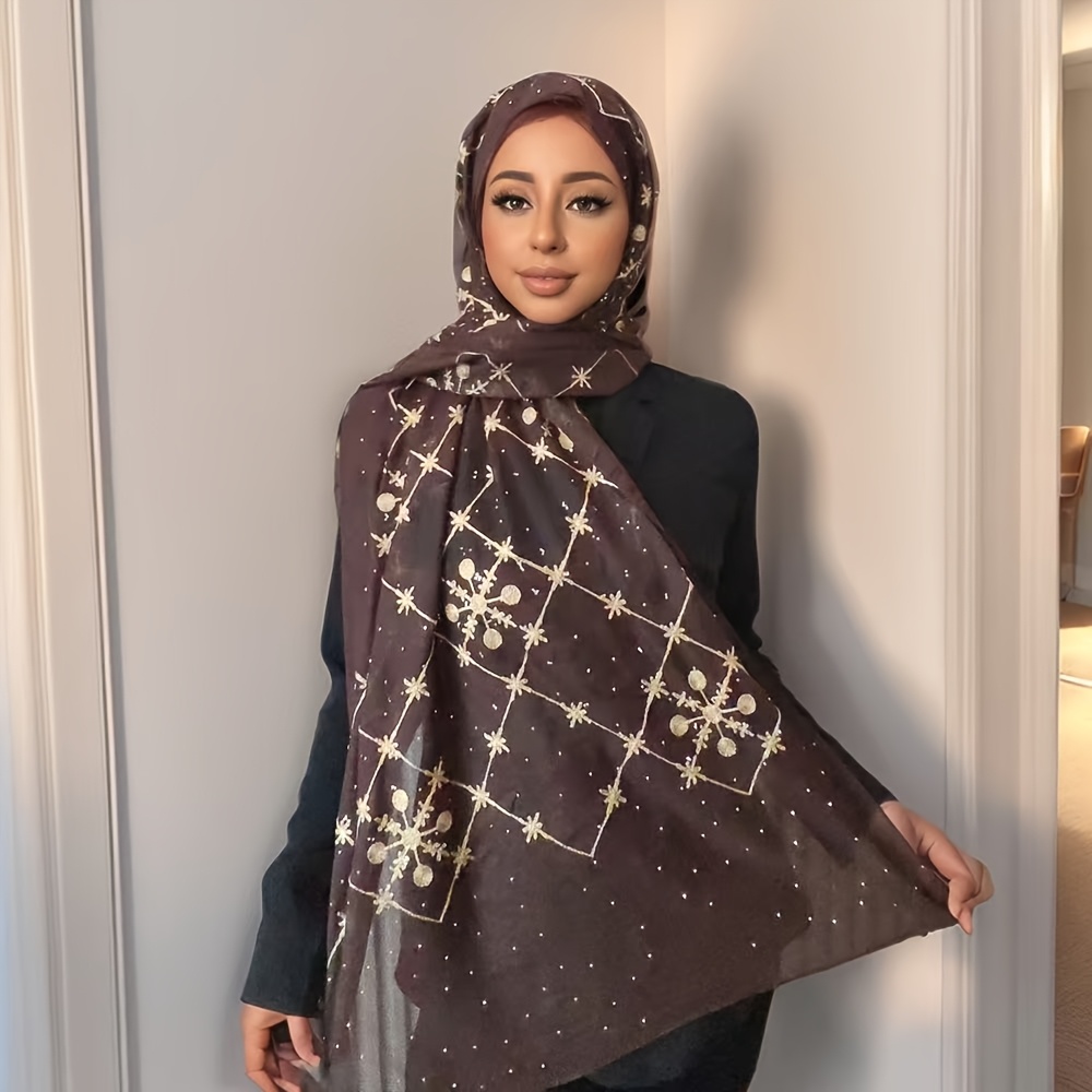 1pc Elegant *-Embellished Chiffon Hijab for Women Breathable,  Lightweight, and Stylish Headscarf in Deep Purple with Golden Floral  Patterns