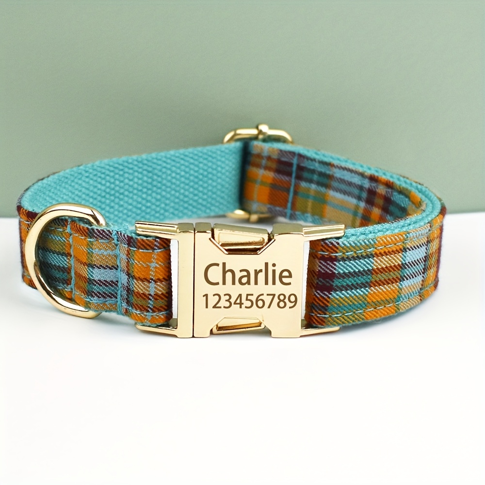 XINXIPETS Customized Plaid Dog Collar - Adjustable Metal Buckle, Personalized Name & Phone Engraving, Durable Polyester, Multi-Color Options for All Dog Sizes, Anti-Loss Safety Design, Dog Collar Personalized, Goldtoned Metal