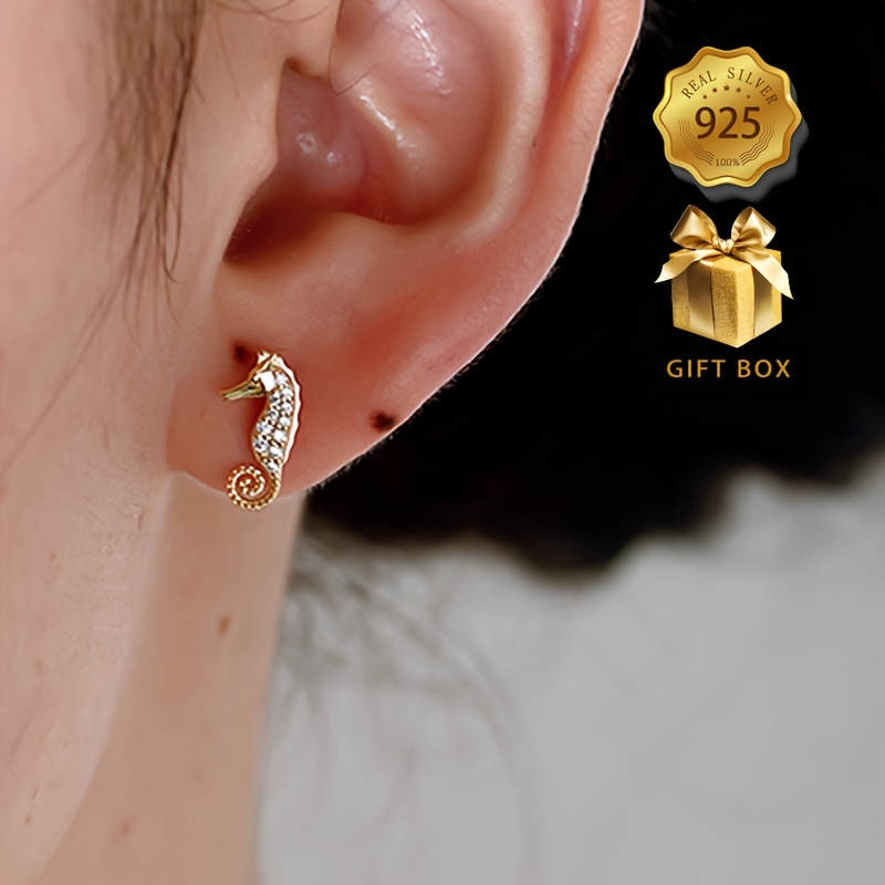 

Elegant 925 Sterling Silver Seahorse Stud Earrings With Synthetic Zirconia Inlay - Hypoallergenic, No Plating - Perfect For Parties And Gift-giving - All Seasons Suitable