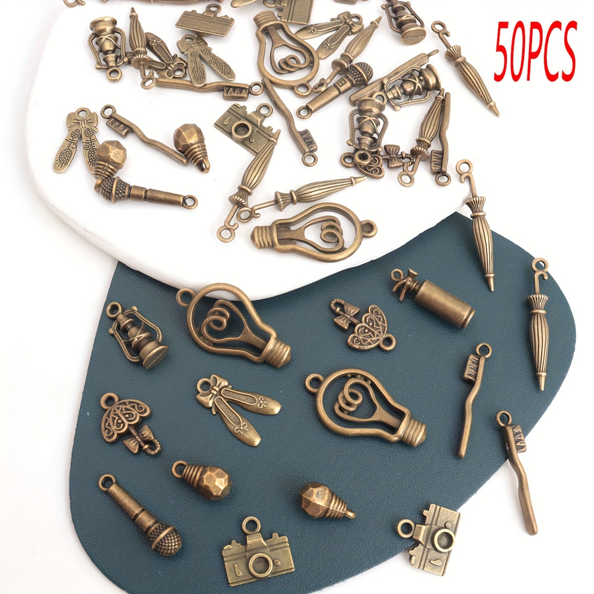 Image of Random Mix 50pcs Shoe/umbrella/lamp/camera/microphone Shaped Small Pendant Alloy Vintage Exquisite Daily Goods For Necklace Bracelet Earring Phone Case Clothing Additions Jewelry Decoration