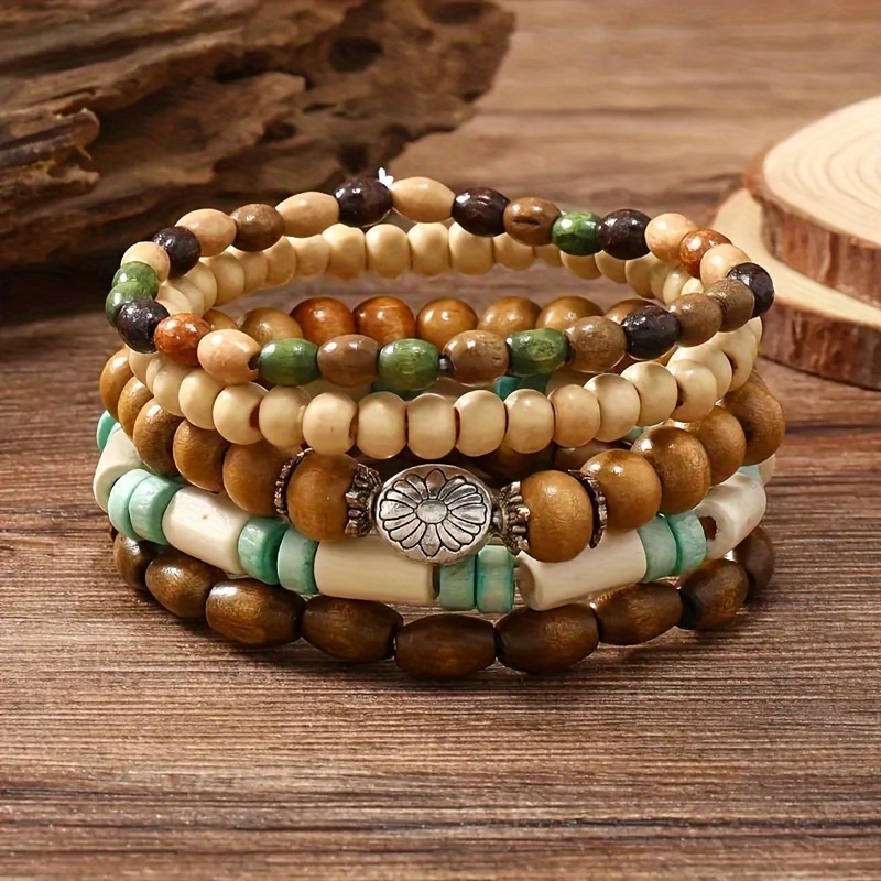 

5pcs Multi-color Wooden Bead Alloy Cool Bracelet, Unisex Gift For Valentine's Day