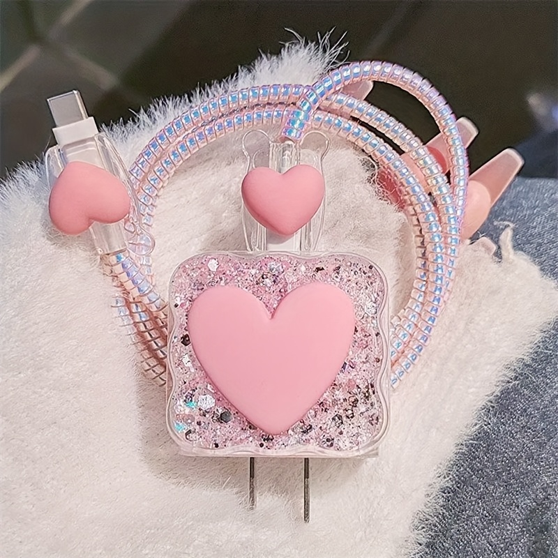 TEMU Pink Love Glitter, Charger Protective Cover 15promax Is Suitable For Iphone13 Fast Charging Head 12/20 Watt Charger Small Fresh High Definition