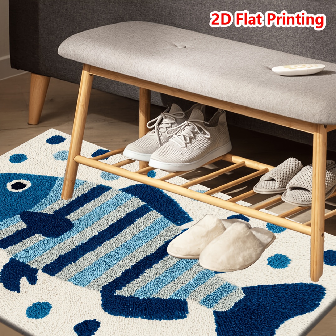 TEMU Zerbino divertente in flanella + spugna spessa 1 cm | Zerbino stampato con motivo a pesci a righe blu e bianche, a pi羅 ambienti come camere da