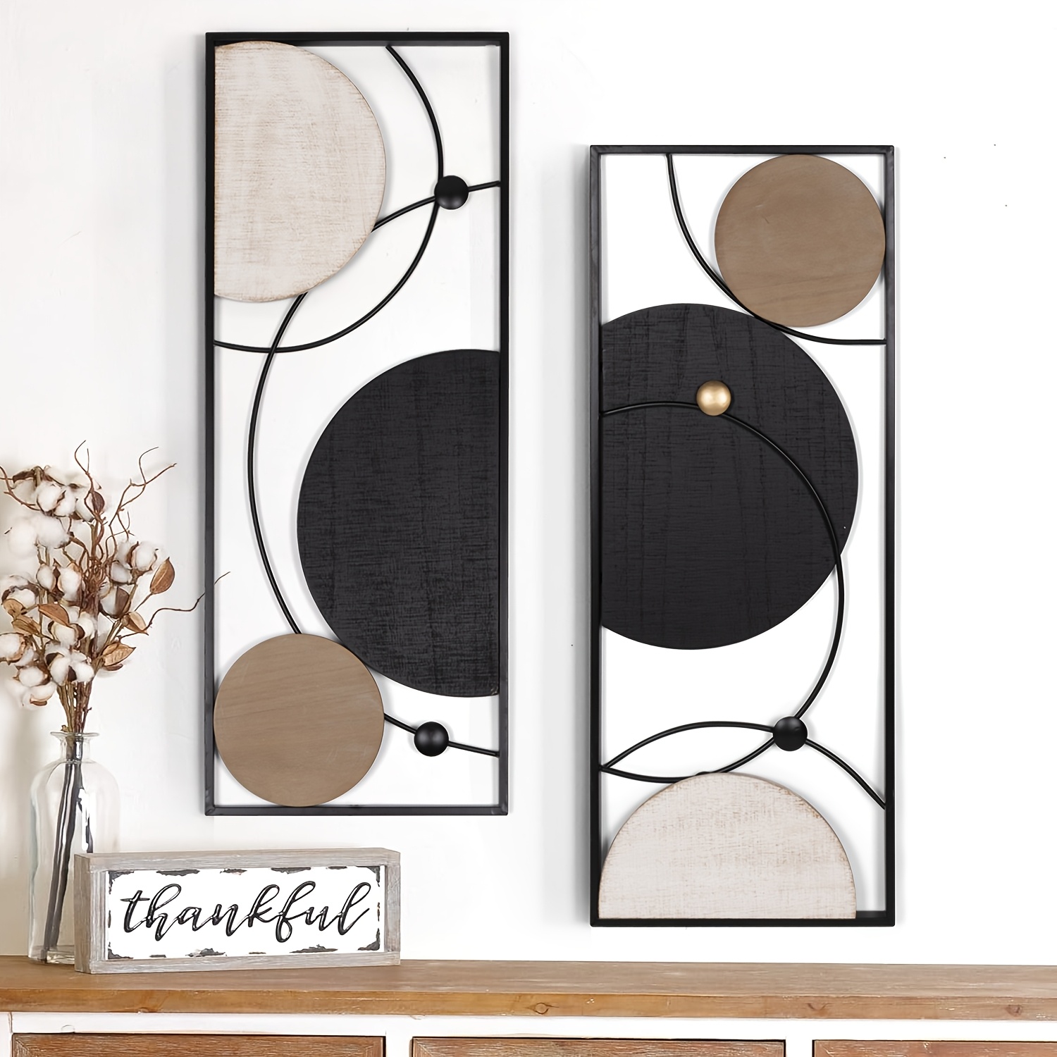 Modern Metal Wall Art Set - 2 PCS Golden Floral & Geometric Decor