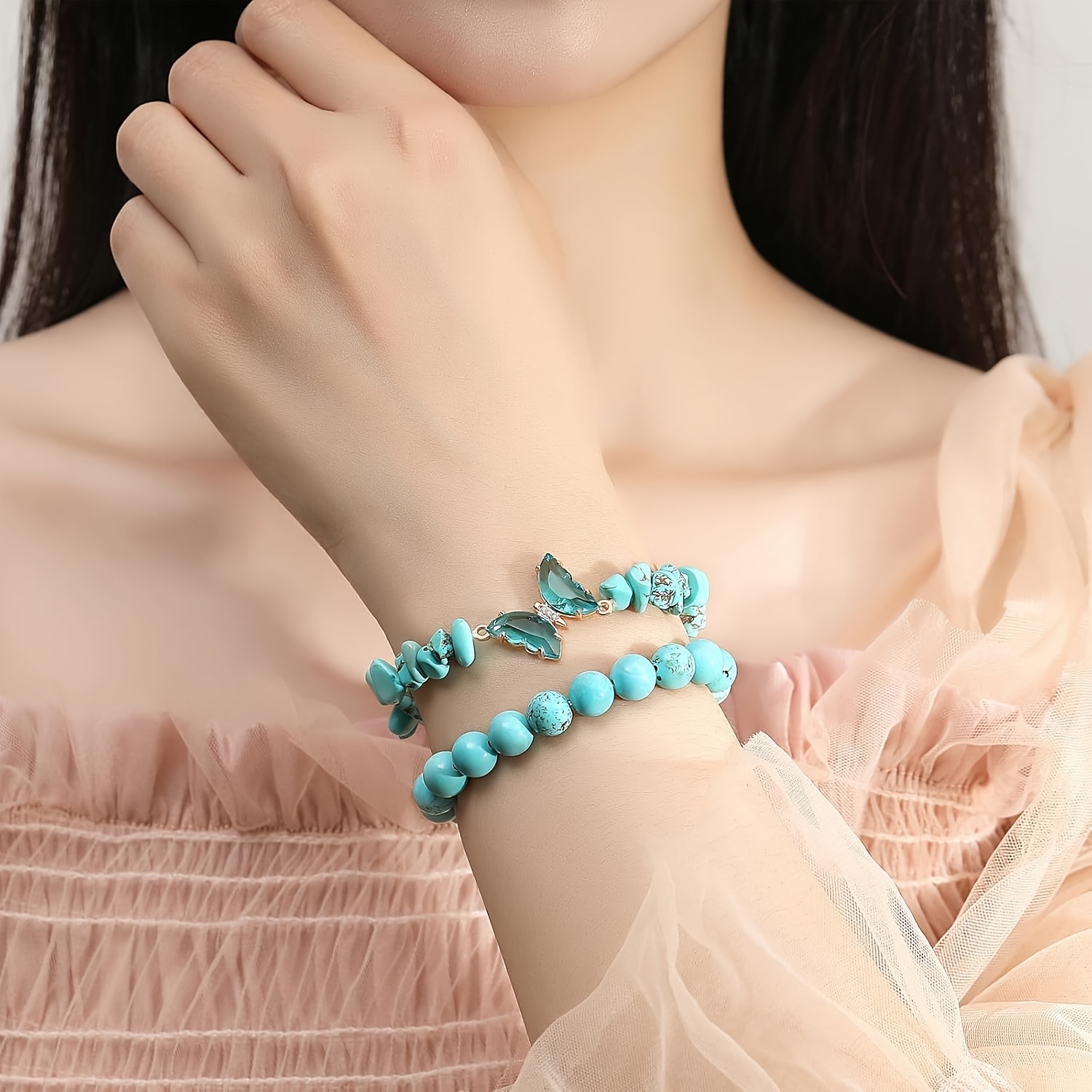 2pcs Turquoise & Amethyst Charm Bracelet Set with Butterfly Pendant
