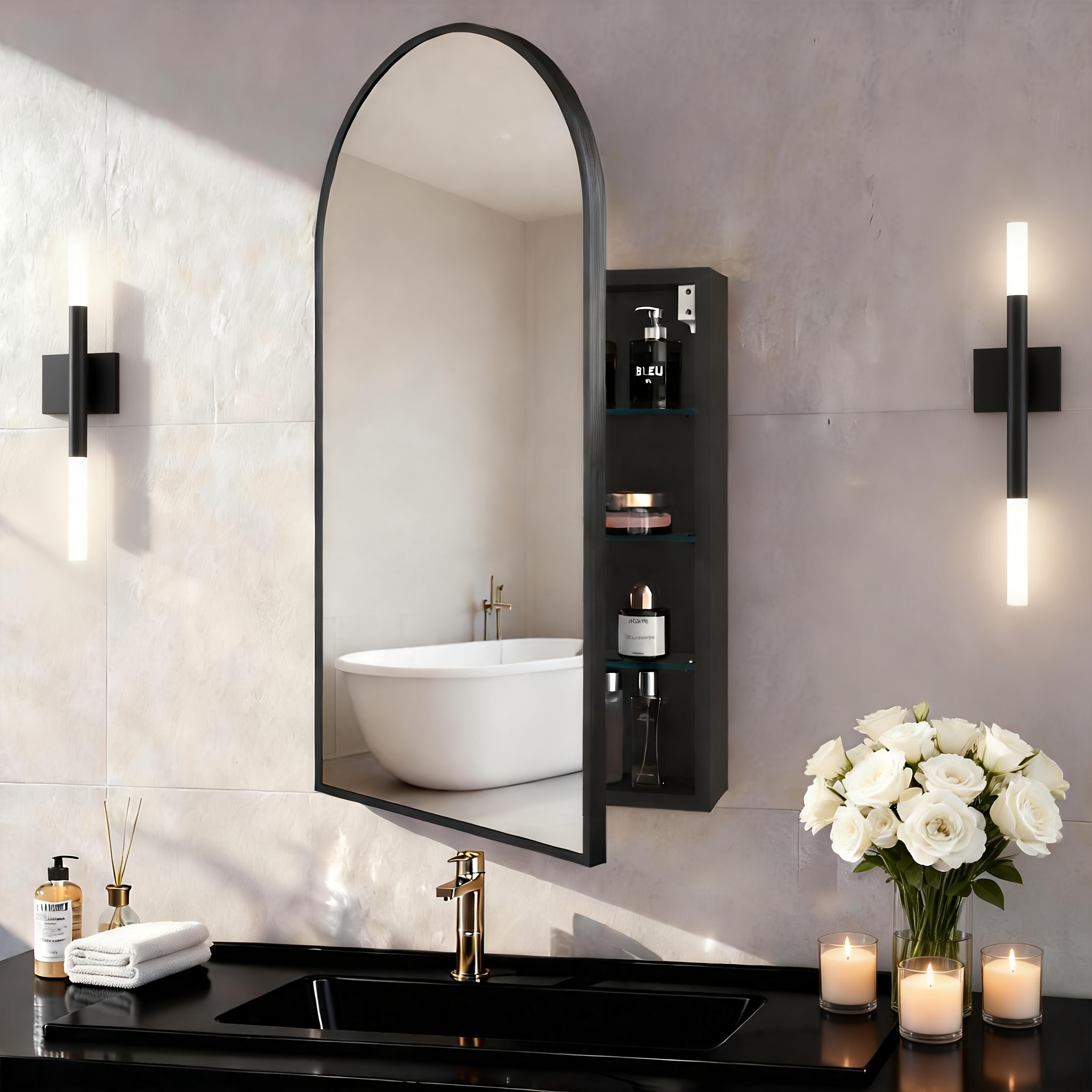 Wall-Mounted Modern Arch Medicine Cabinet with Mirror Doors & ADJUSTABLE SHELVES - Surface-Mounted Storage Suitable for Bathroom, Vanity, Hallway - Space-Saving with REVERSIBLE DOOR, HD Glass Mirror, Plastic Frame
