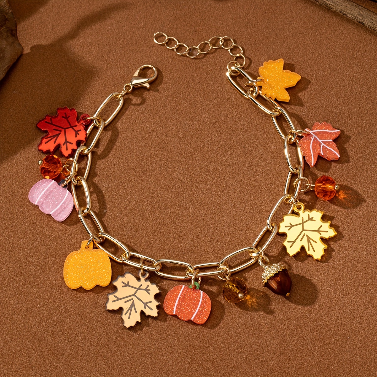 

Fall Thanksgiving Charm Bracelet - Elegant Acrylic Maple Leaf, Pumpkin, Multi Charms - No Plating, Party & Gift , Autumn Seasonal, Thanksgiving Holiday Gift For Wife, Daughter, Friends