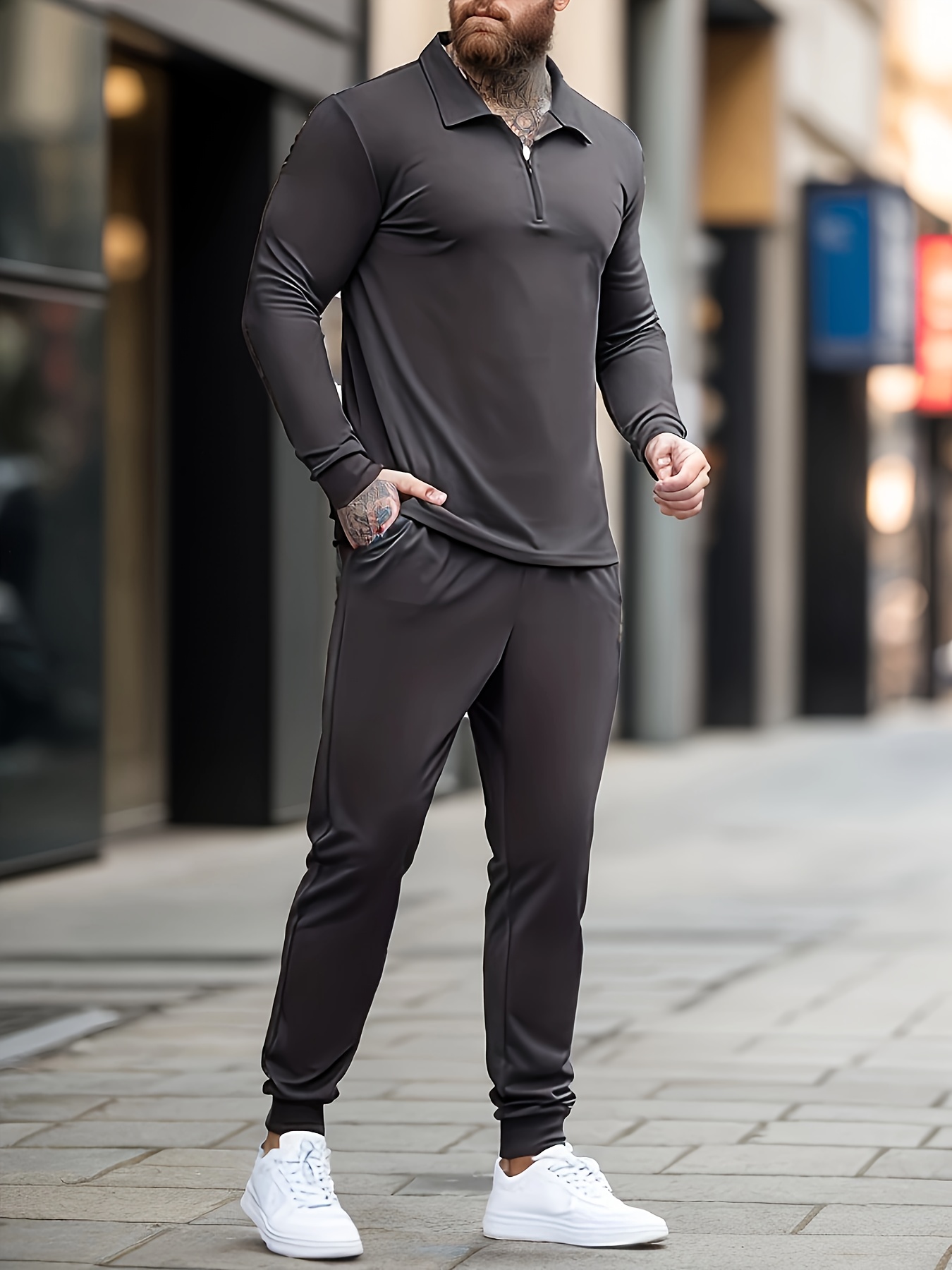 Plus Size Men's Solid Color Long Sleeve Top & Sweatpants Set V-neck Loose  Oversized Crew Neck Sweatshirt Plus Sports Suit Male Gym Clothes Running Gea