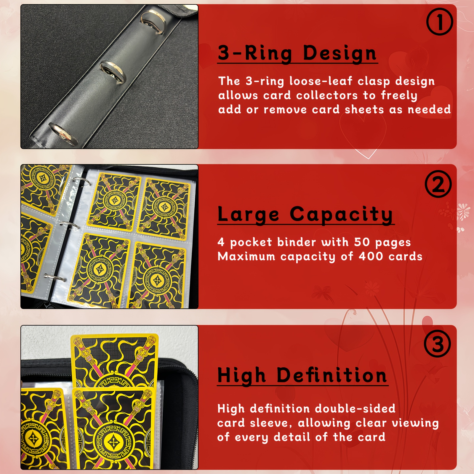 4-Pocket Trading Card Binder With Zipper - Holds 400 Cards With 50 Removable Pages 3-Ring Design