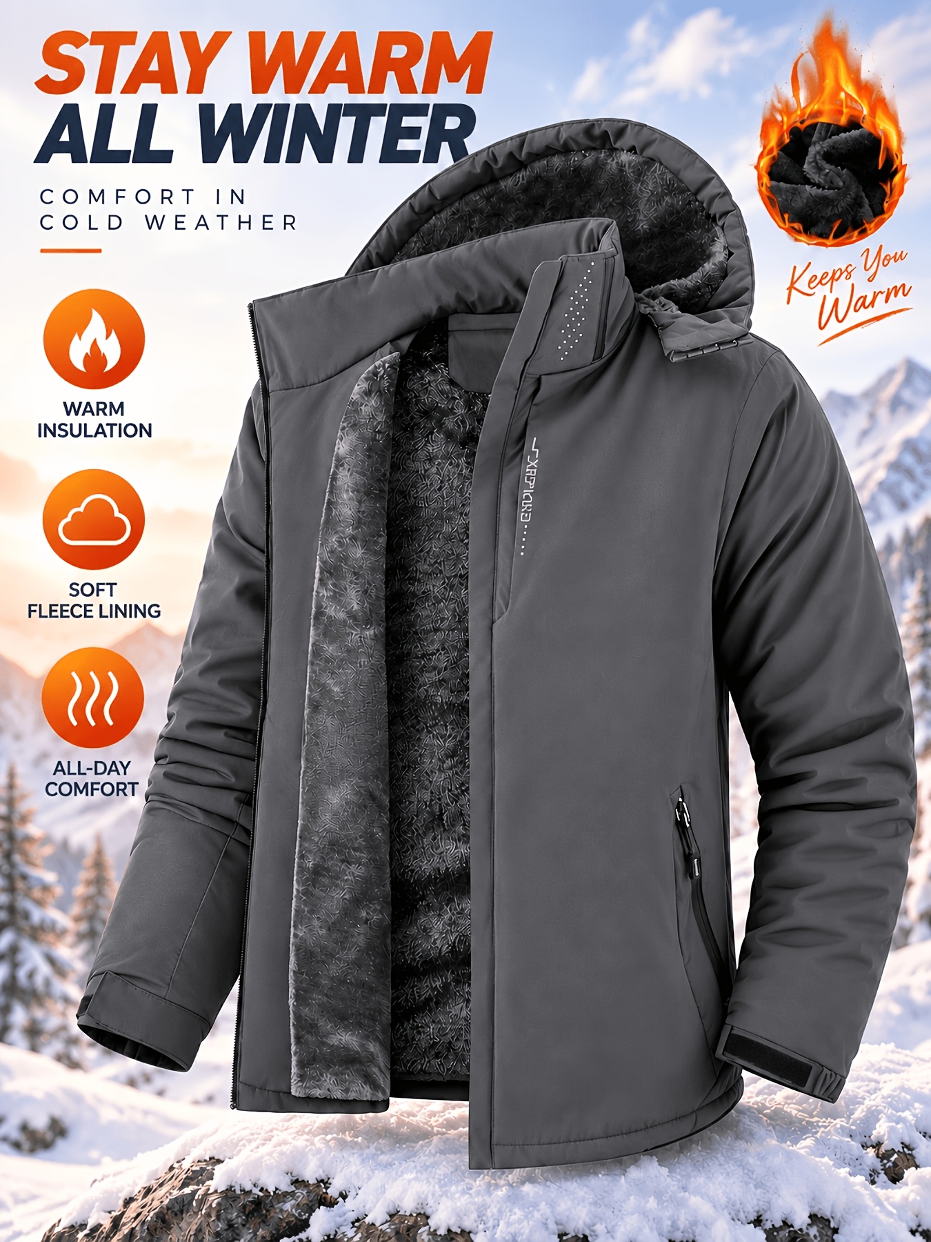 Men's Thickened Windproof Hooded Jacket with Soft Lining