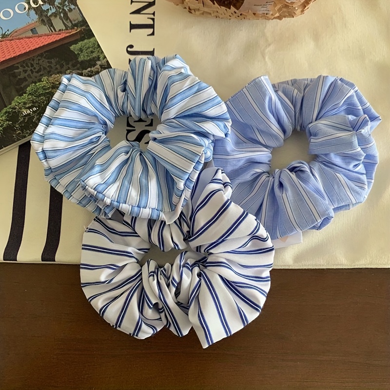 3pcs Blue - White Striped Hair Scrunchies Set - Casual Elastic Hair Ties For