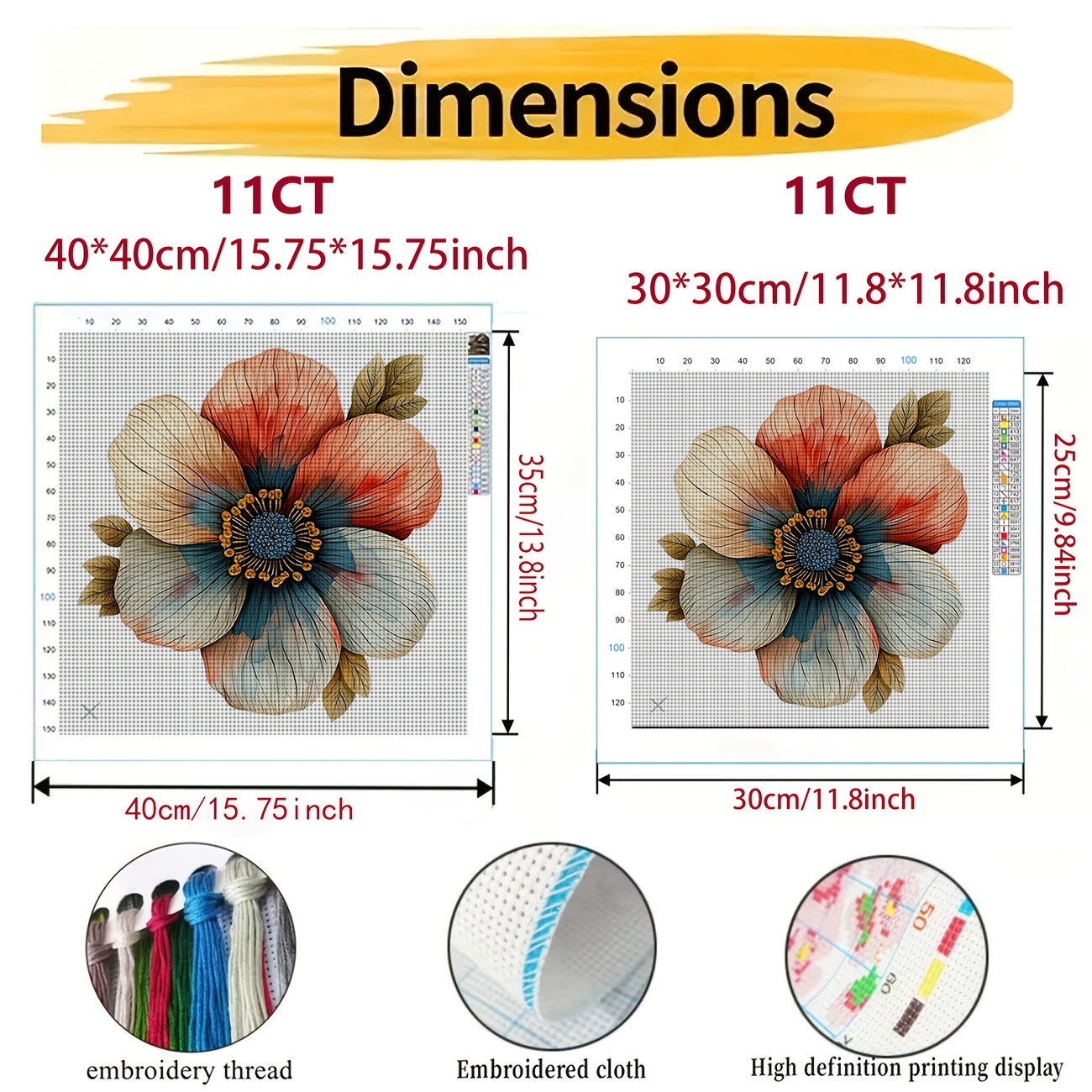 Cross-Stitch Printed Kit, Watercolor Red Blue White Flowers Pattern