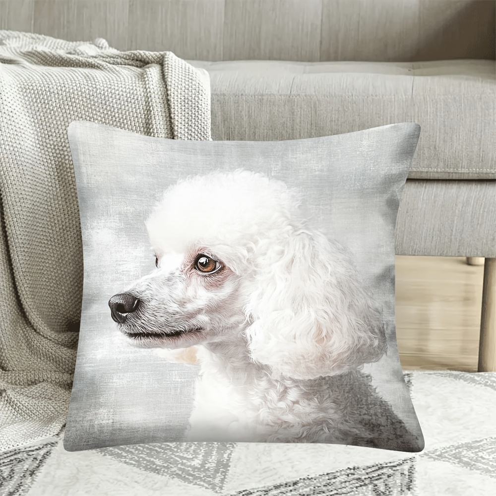 TEMU 1pc Vintage White Poodle Print Pillow Cover, 18x18inch, Soft Short Plush Polyester, Machine Washable, Zipper Closure, Woven Decorative Cushion