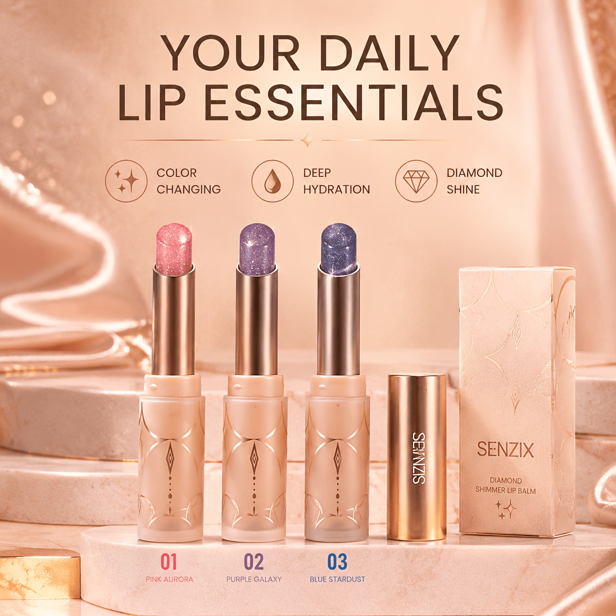 TEMU 3 Pack Shimmer Tinted Lip Balm Set Suitable For Skin Types, Frosted Golden Embossed Tubes With Glitter Moisturizing Lip Care, Tinted Lip Gloss