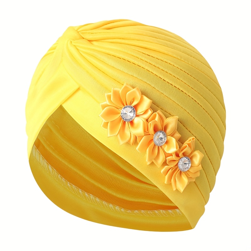 TEMU 1pc Fashion Flower Solid Color Women's Beanie Headscarf Hat For Daily Use, Pleated , Multiple Colors Available