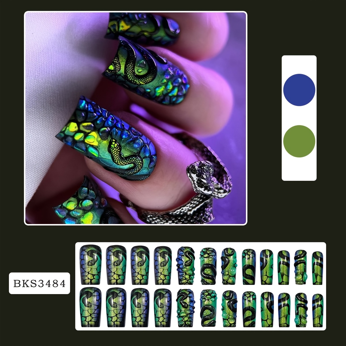 TEMU 24pcs Medium Art 3d Gel Snake Greenpress On Fake Nails Set
