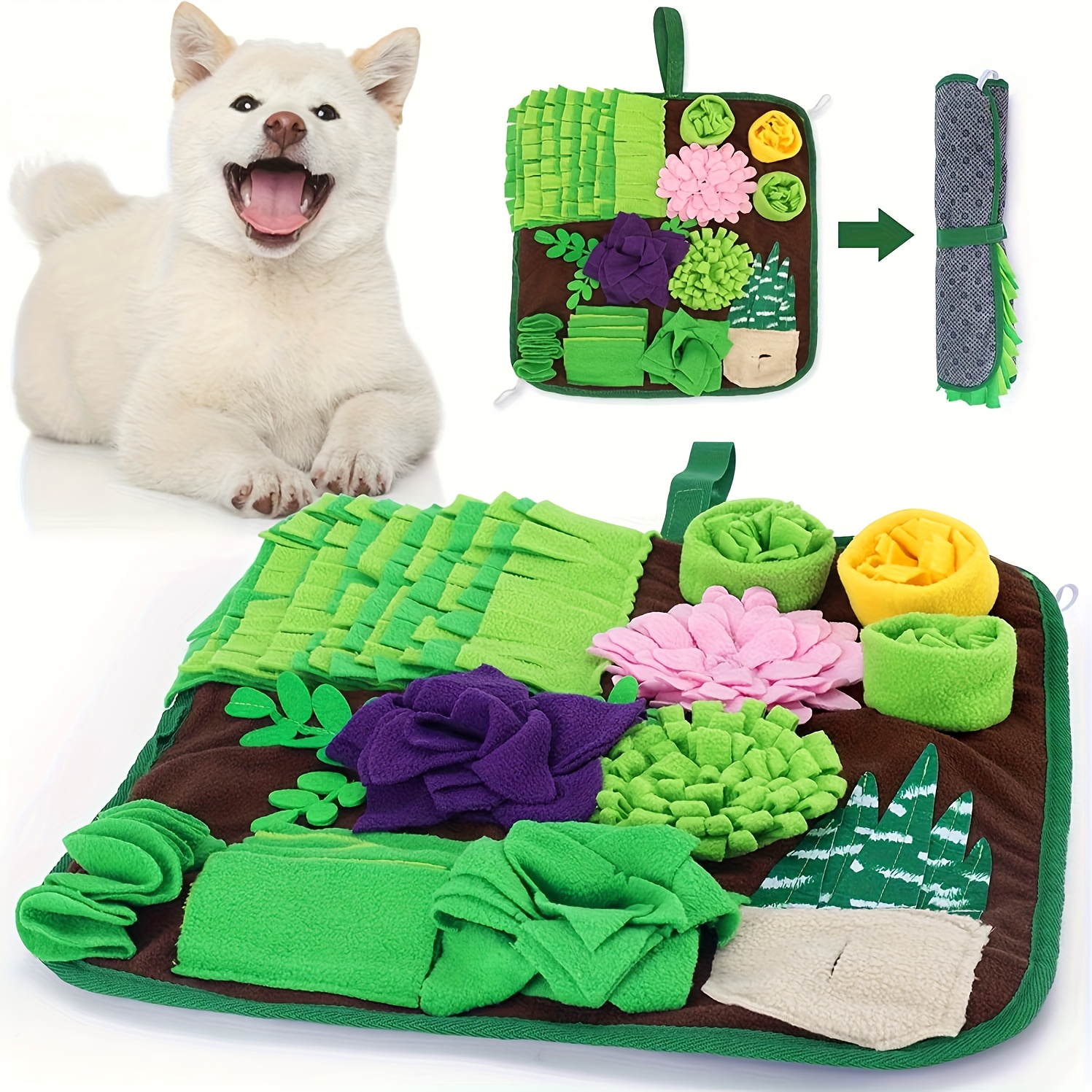 

Interactive - Green Plant Theme, Slow Feeder & Puzzle Blanket For Relax And Mental Engagement