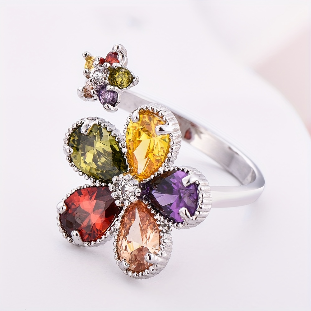 Bohemian Style Five-Color Mixed Synthetic Zirconia Open Adjustable Ring
