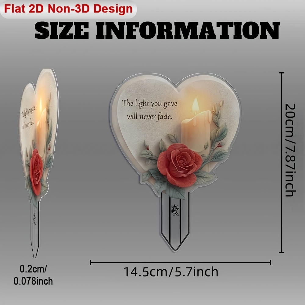 TEMU 2d Flat, 1pc, | Candle And Red -shaped Memorial Plaque, Garden Decorative , "the Light You Gave Will Never Fade" Text, Suitable For Flower Beds,