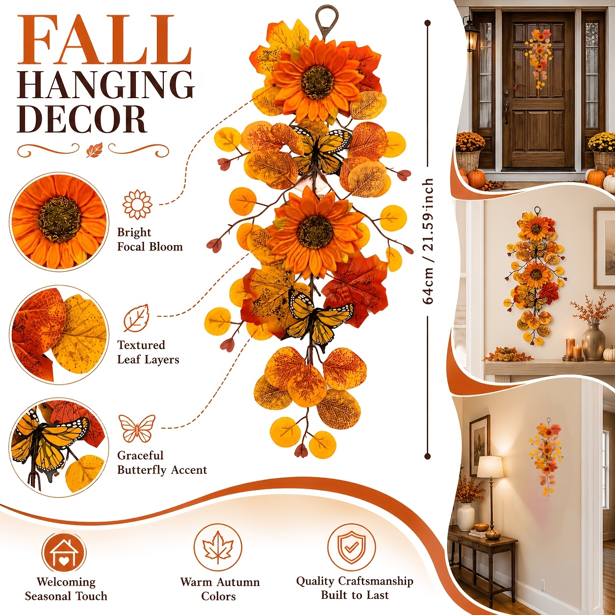 TEMU 1pc Autumn /autumn Decorative Vine Wreath, Featuring Main Elements Including Orange Sunflowers, , Round , Vine Branches, , And Butterflies.