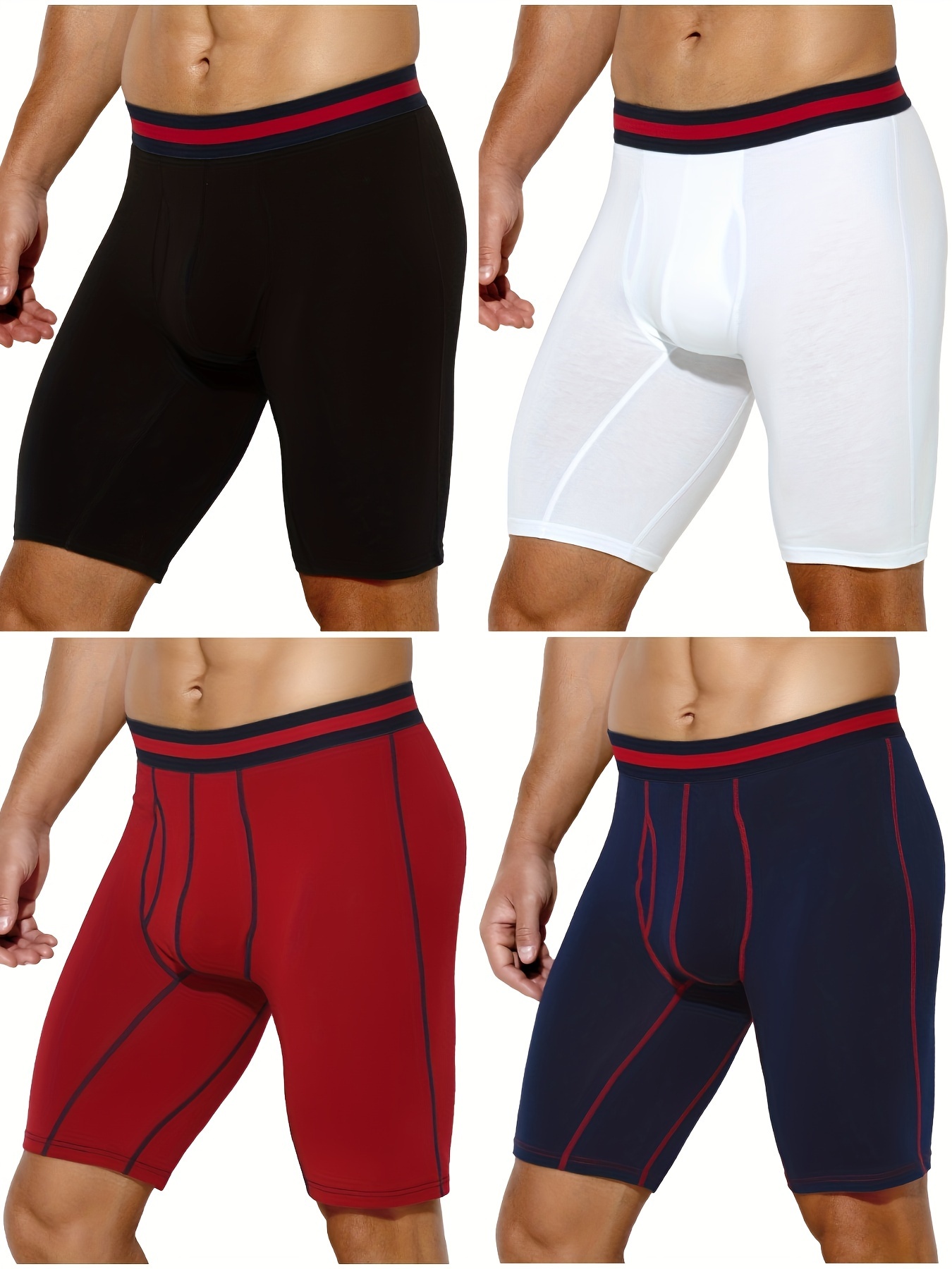 4pcs Men's Long Leg Cotton Underwear Total Support Pouch Boxer Briefs with Open Fly Pouch, Men's Cycling Sports Wear Bottoms, Moisture Wicking & Breathable Slimming Shapewear Body Shape for Men - Image 2