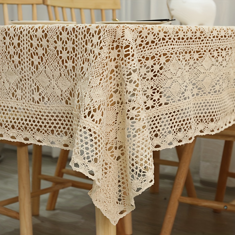 

Vintage Crochet Tabletop Set: Pastoral Style Lace Tablecloth With 4 Leaf Flowers, Suitable For Long Tables And Family Gatherings